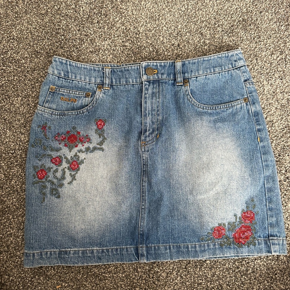 Ralph Lauren Light Blue Denim Mini Skirt with Red Rose Embroidery